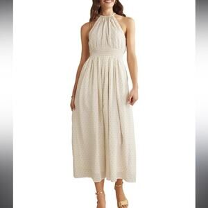 New Boden Cream Gold Metallic Detail Sleeveless Open Back Maxi Dress Women sz 14